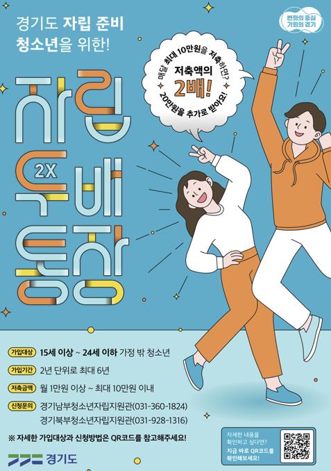 경기도, '가정 밖 청소년 자립두배통장' 참여자 70명 모집