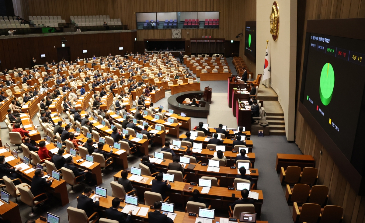 25일 국회에서 열린 본회의에서 달빛고속철도 건설을 위한 특별법안이 가결되고 있다./사진=연합뉴스