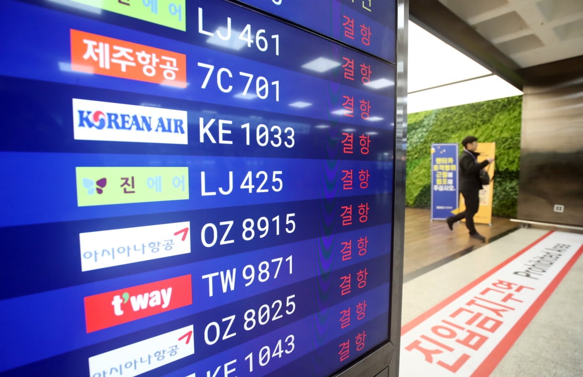 제주지역 폭설과 강풍으로 항공기 결항이 이어지고 있는 23일 오전 제주국제공항 국내선 도착장 전광판에 결항 안내가 뜨고 있다. /사진=뉴스1