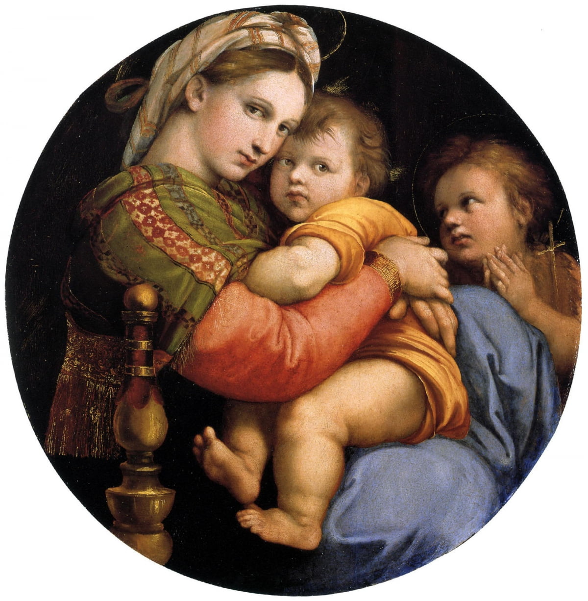 라파엘로의 의자에 앉은 성모(1513~1514). 피렌체에는 중세부터 성모의 그림을 원형으로 그리는 전통이 있었다. 이 작품 역시 피렌체 시절 그림이다. /피렌체 팔라티나 미술관