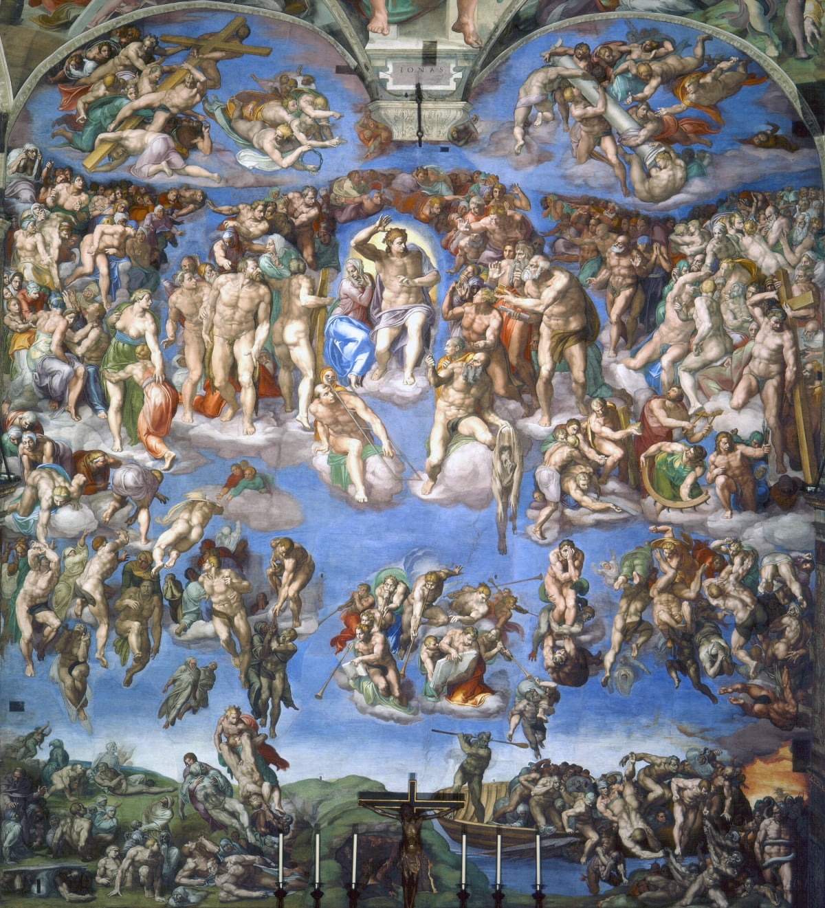 미켈란젤로의 대표작 중 하나인 '최후의 심판'(1536~1541). 미켈란젤로도 평생에 걸쳐 예술과 현실 사이에서 많은 괴로움을 겪었다. 그림 속 예수의 12제자 중 한 명인 바르톨로메오가 들고 있는 가죽은 자신의 고통받는 모습이다.