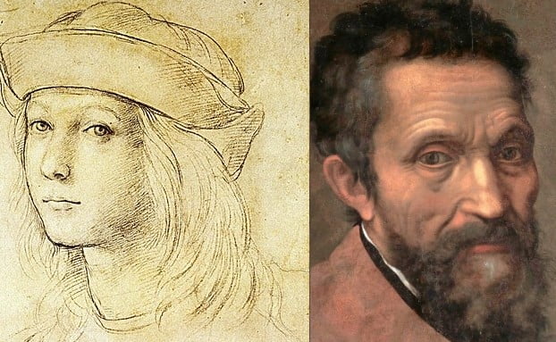 라파엘로의 1500~1502년경 자화상 스케치(왼쪽)과 미켈란젤로의 초상화. 비록 초상화가 그려진 시기와 형식은 다르지만, 당시 기록들은 라파엘로는 굉장한 미남이었고 미켈란젤로는 평균보다 떨어지는 외모였다는 사실을 일관적으로 증언한다.