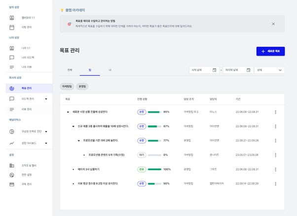 회사-팀-개인의 목표의 정렬을 한 눈에 볼 수 있는 트리형식으로 목표를 기록하는 것을 추천드립니다. (이미지 출처: 클랩)
