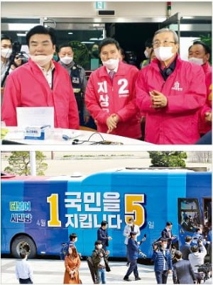 < 당점퍼 뒤집어 입고…버스에 번호 부각 > 미래통합당(현 국민의힘)의 위성정당인 미래한국당 원유철 대표(왼쪽)가 선거법 위반을 피하기 위해 기호가 없는 빨간색 점퍼를 입고 유세에 나서고 있다(위). 더불어민주당의 선거 기호 ‘1’과 위성정당인 더불어시민당의 선거 기호 ‘5’를 부각한 ‘쌍둥이 버스’가 선거 유세를 위해 멈춰 서 있다(아래).  연합뉴스 