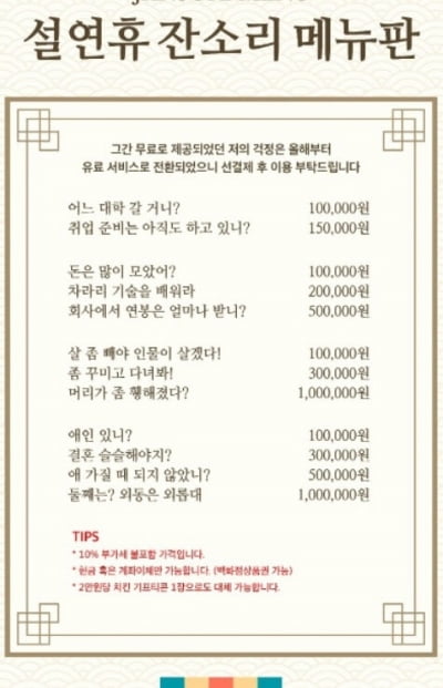 "결혼 해야지→30만원" 잔소리 메뉴판 등장…100만원짜리는?