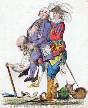 당시 프랑스 사회의 모순을 표현한 그림. 뚱뚱한 귀족과 성직자가 죽어가는 농민 위에 올라타 있다.