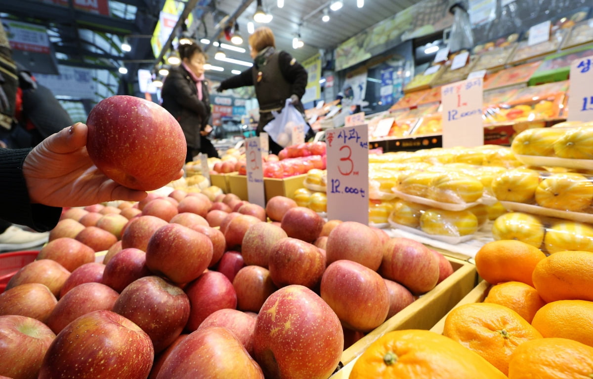 설 연휴를 앞둔 지난 7일 오후 서울 양천구 신영시장을 찾은 시민들이 과일을 구매하고 있다.  /뉴스1