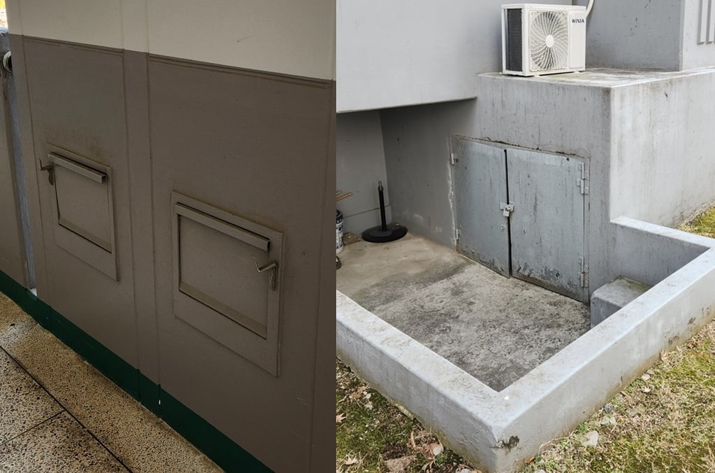 노후 아파트 복도에 설치된 쓰레기 투입구(왼쪽)와 1층 외부에 설치된 쓰레기 집하장. 사진=오세성 한경닷컴 기자 