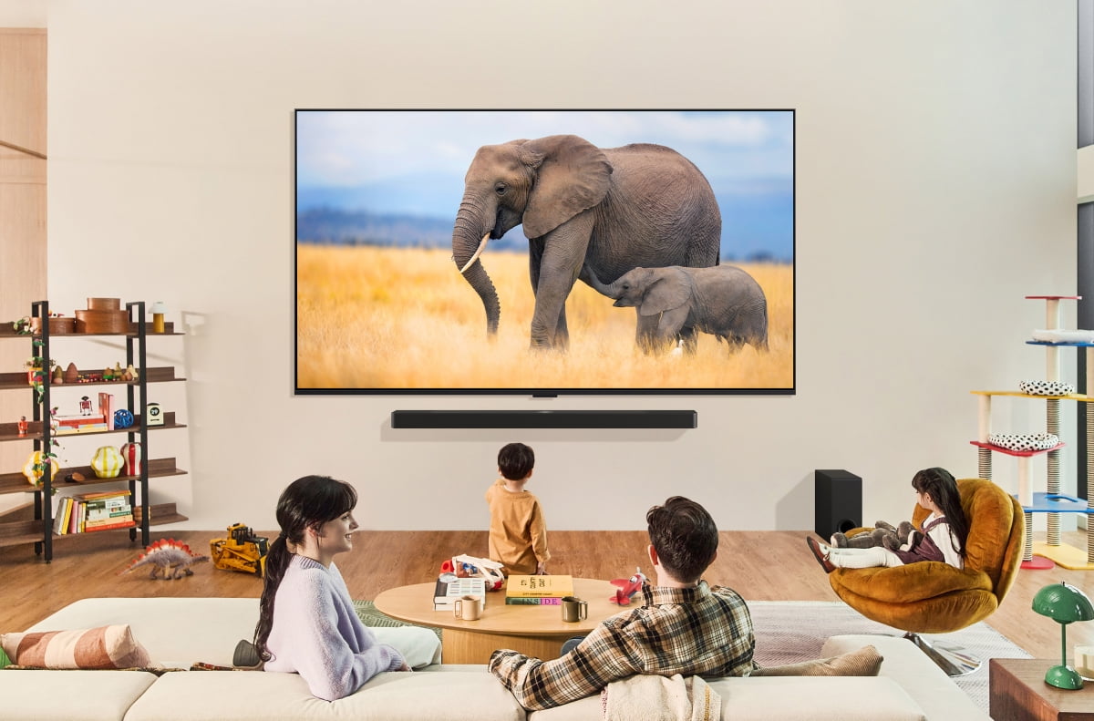 LG전자가 AI 성능을 강화한 신규 프로세서로 더 선명한 화질과 풍성한 공간 음향을 제공하는 2024년형 LG 올레드 TV와 QNED TV를 출시한다. 모델들이 2024년형 LG QNED TV로 콘텐츠를 즐기는 모습. 사진=LG전자 제공