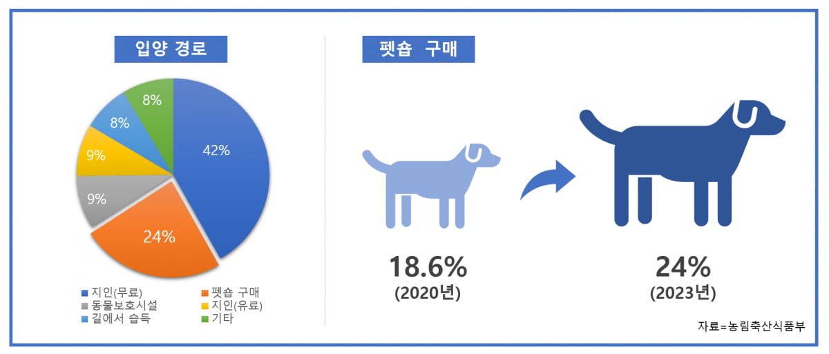 펫숍에서 반려동물을 구입하는 비율이 2022년 기준 24%로 여전히 높은 수치를 나타냈다. 2018년과 비교하면 5.4% 증가했다. /그래픽=김수영 기자