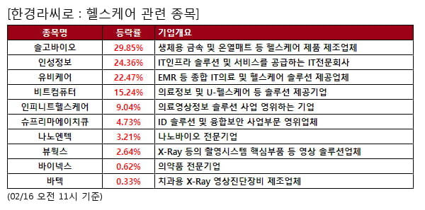 솔고바이오,인성정보,유비케어,비트컴퓨터,인피니트헬스케어,슈프리마에이치큐,나노엔텍,뷰웍스,바이넥스,바텍