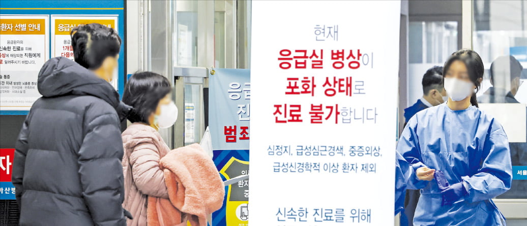 전국 주요 대학병원에 근무하는 전공의가 집단으로 사직하면서 환자들의 불편과 피해가 속출하고 있다. 서울대병원, 서울아산병원, 세브란스병원, 삼성서울병원, 서울성모병원 등 빅5 병원 전공의들은 20일 오전 6시를 기해 근무를 중단했다. 이날 서울의 한 대형병원 응급실 앞에 ‘병상이 포화 상태로 진료가 불가하다’는 게시물이 설치돼 있다.   연합뉴스 