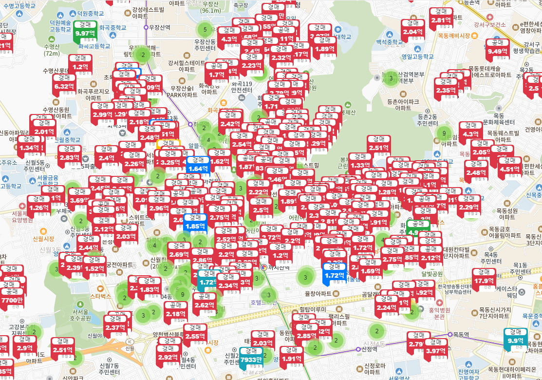 서울 강서구 화곡동 일대에 경매 진행 물건이 집중적으로 표시된 모습. 화면=온라인 경매지도