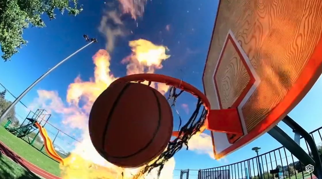 '농구공이 골대를 통과한 뒤 폭발한다'는 명령어로 '소라'가 만든 영상. 사진=오픈AI 홈페이지 캡처