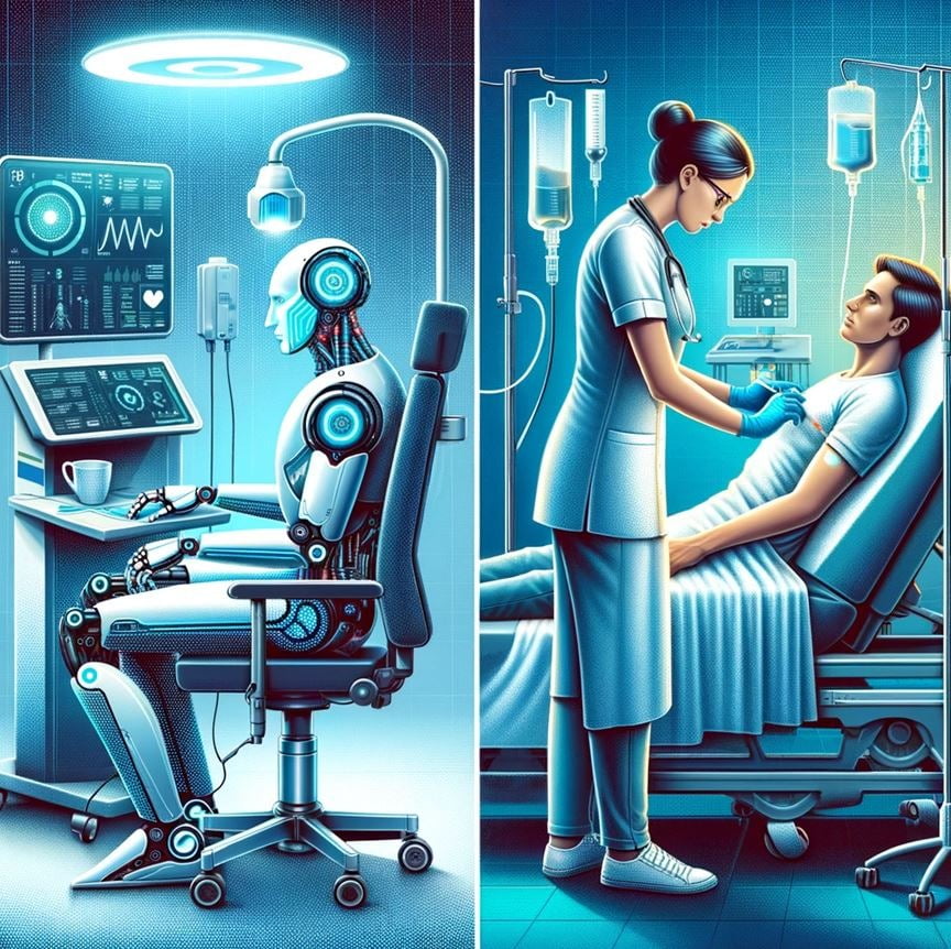 유발 하라리는 간호사보다 의사가 AI로 대체되기 쉽다고 주장한다. 한은의 조사에서도 로봇, 소프트웨어 등 기존 기술과 달리 AI의 경우 고소득·고학력 근로자가 영향을 많이 받는 것으로 조사됐다. 사진은 ‘달리’가 만든 AI 의사와 인간 간호사.