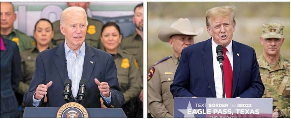 조 바이든 미국 대통령(왼쪽)과 도널드 트럼프 전 대통령이 지난달 29일(현지시간) 각각 미국 텍사스주 브라운스빌, 이글패스 셸비 공원에서 연설하고 있다. 이날 바이든 대통령은 국경 안보 인력을 확충하겠다고 했다. 트럼프 전 대통령은 국경을 봉쇄한 뒤 이민자를 추방하겠다고 밝혔다.  /AFP·AP연합뉴스 