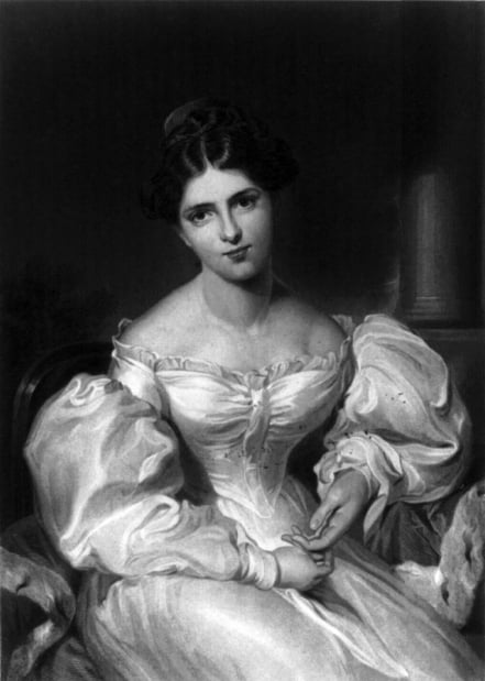 페니 켐블(1829). 로렌스의 원작 드로잉을 복제한 판화다. 로렌스는 그녀의 전신 초상화를 그리려 했지만, 뜻을 이루지 못하고 세상을 떠났다.
