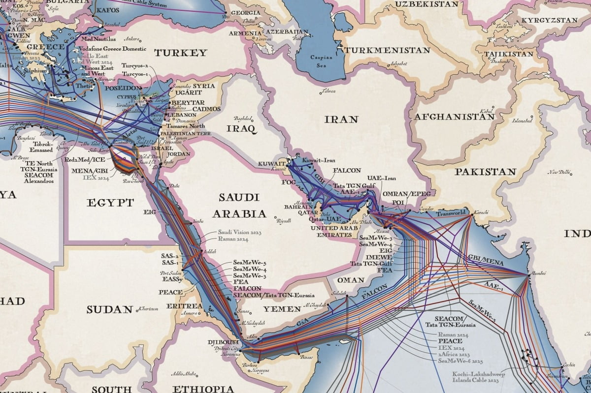 2023년 중동 지역 해저 인터넷 케이블망 지도. /텔레지오그래피