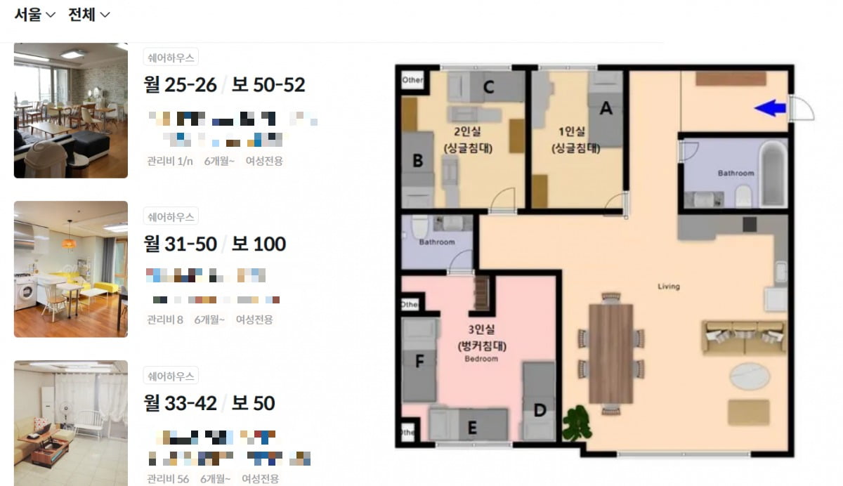 카지노 정팔에서 구할 수 있는 공유주택 임대 매물 모습. 사진=고방 갈무리