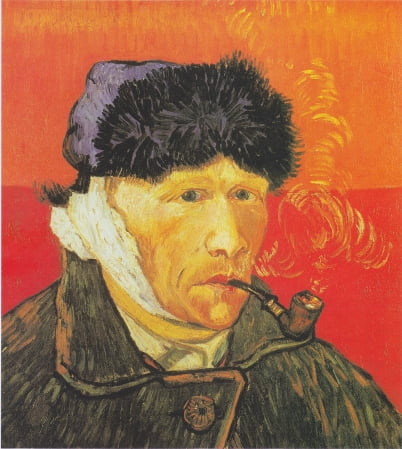 귀에 붕대를 감고 담배를 문 자화상(1889). 고흐는 고갱과 싸우고 자신의 귀를 잘라냈다. 귀가 아닌 귓불을 잘라냈다는 의견이 요즘에는 더 많다. 가장 유명한 자화상 중 하나이기도 하다. /취리히 쿤스트하우스