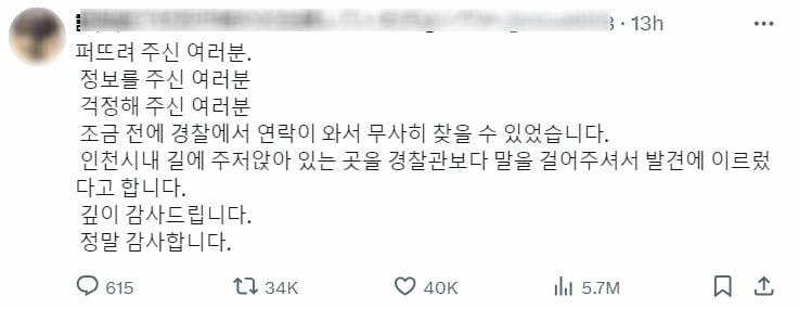 누리꾼들의 관심 덕분에 무사히 아버지를 찾았다는 A씨의 감사 인사. /사진=X 캡처