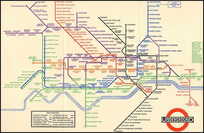 해리 백(Harry Back)이 보는 사람의 편의를 위해, 실제 지형이 아닌 지하철 구성 만으로 간소화한 영국의 지하철 노선도 (1933)
