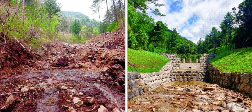 산사태 예방에 탁월한 성과를 내고 있는 사방댐 시공 전(왼쪽)과 후 모습.  산림청 제공 