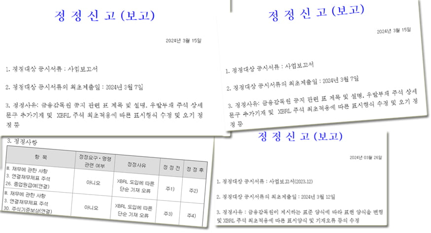 자산 2조원 이상 주요 상장사들의 사업보고서 정정공시가 급증하고 있다. XBRL을 정정공시 근거로 든 기업들의 공시 일부.