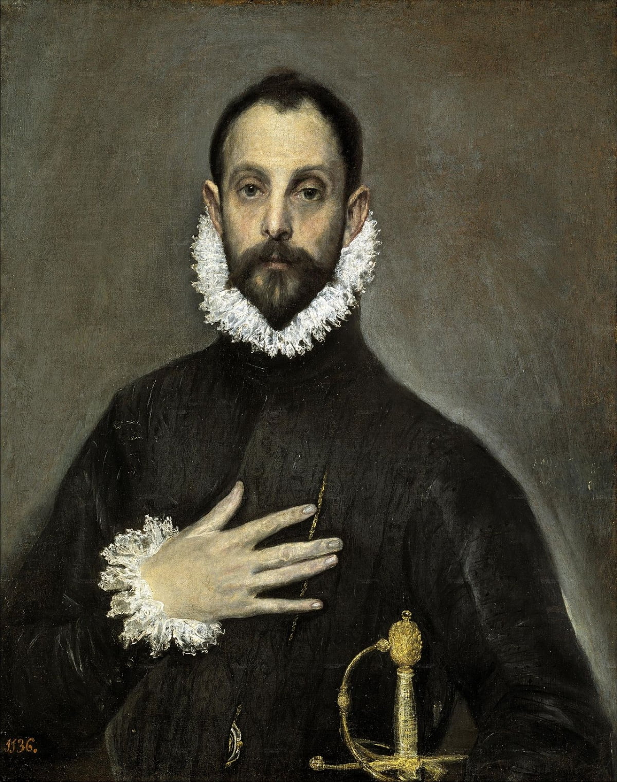 가슴에 손을 얹은 귀족(1583~1585). 작품 속 모델이 누구인지 명확하게 밝혀지지는 않았지만, '돈 키호테'의 작가로 유명한 대문호 세르반테스로 추정하는 사람이 많다. /프라도미술관