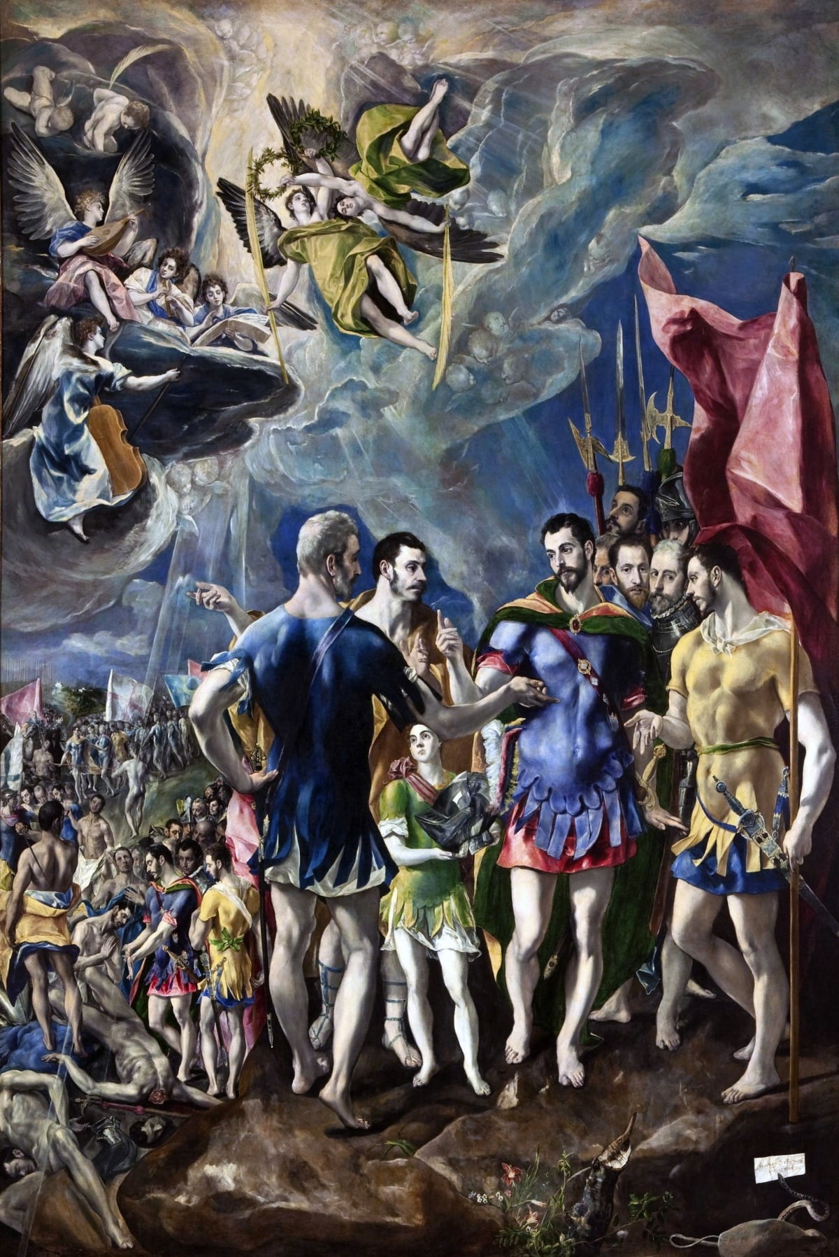성 마우리티우스의 순교(1580~1582). 성 마우리티우스는 3세기경 이집트 출신의 로마 군인으로, 287년에 순교한 기독교의 성인이다. 그는 전쟁의 승리를 기념하는 연회에서 로마 신에게 제사를 지내는 걸 거부했다는 이유로 자신을 따르는 군인들과 죽음을 맞는다. 이 주제를 다루는 다른 화가들의 작품 대부분은 참혹한 순교 장면을 강조한다. 하지만 엘 그레코는 자신의 작품에서 "제사를 지내지 말고 순교하자"고 설득하는 성 마우리티우스의 의지를 강조했고, 순교 장면은 왼쪽 아래에 작게 배치했다. /엘 에스코리알 산 로렌소 수도원
