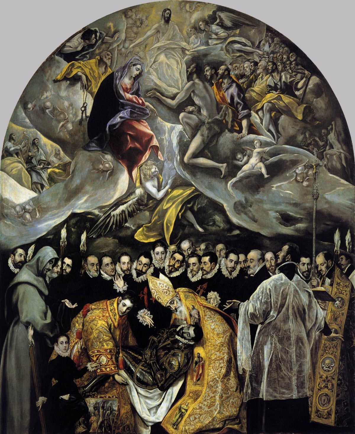 오르가즈 백작의 매장(1586~1588). 엘 그레코의 대표적인 걸작 중 하나로, 피카소를 비롯해 무수히 많은 이들이 이 작품을 보기 위해 스페인으로 '예술 여행'을 감행했다. 왼쪽 앞의 어린아이는 엘 그레코의 아들을 그린 것으로 추정된다. /톨레도 산토 토메 교회