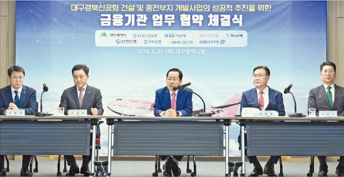 홍준표 대구시장(가운데)이 21일 대구경북신공항 사업 은행권 업무협약에서 발언하고 있다.  /대구시 제공 