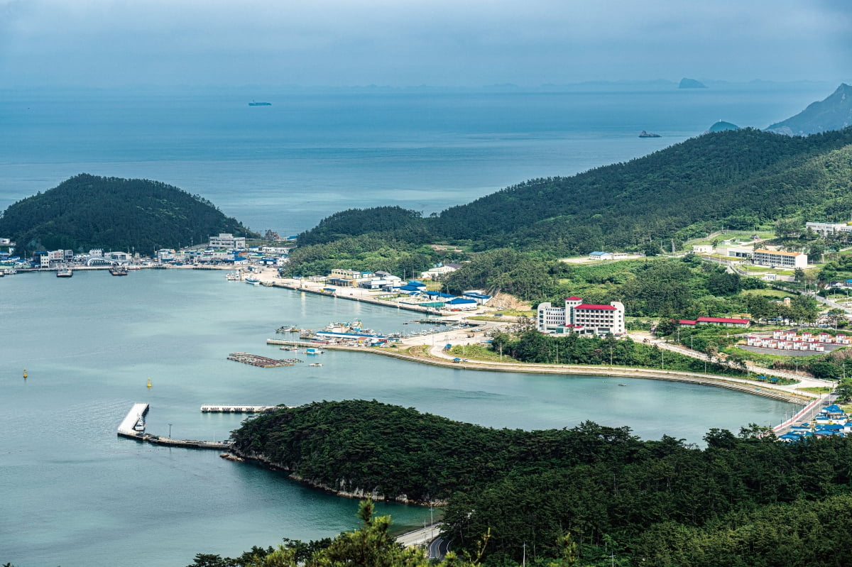 상라봉전망대에서 바라본 흑산도. 가까이 흑산도항, 여객터미널, 빨간 건물의 흑산문화관광호텔이 보인다./사진=이효태