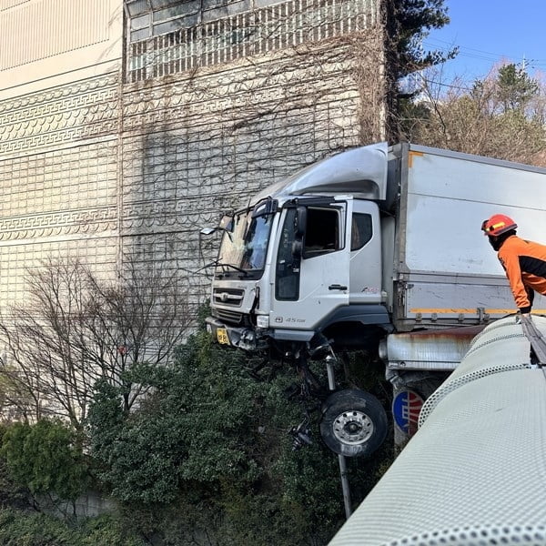 고가도로 난간 뚫고 허공에 매달린 트럭…아찔