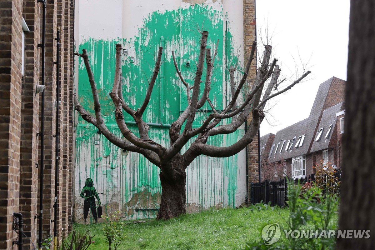 런던 외곽 건물에 뱅크시 '나뭇잎 벽화' 등장