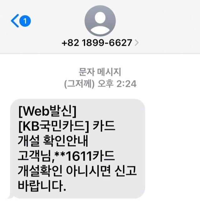 이 씨가 받은 KB국민카드 사칭 문자. /사진=독자 제공