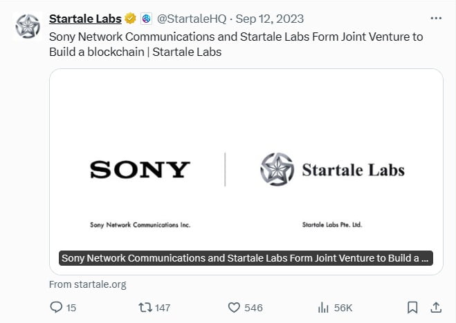 12일 아스타(ASTR) 네트워크 운영사인 스타테일 랩스가 X를 통해 소니와 합작법인 설립을 위한 계약을 체결했다고 발표했다. / 사진 = 스타테일랩스 X