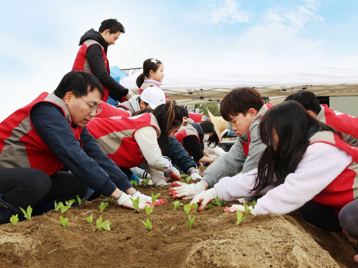 롯데건설 샤롯데 봉사단이 지난달 30일 서울 강서구 개화동에 마련된 '그린팜'에서 친환경 텃밭을 조성하고 있다. 롯데건설 제공