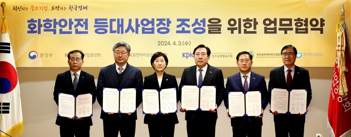 (왼쪽 세 번째부터)한화진 환경부장관과 김기문 중기중앙회장. 중기중앙회 제공