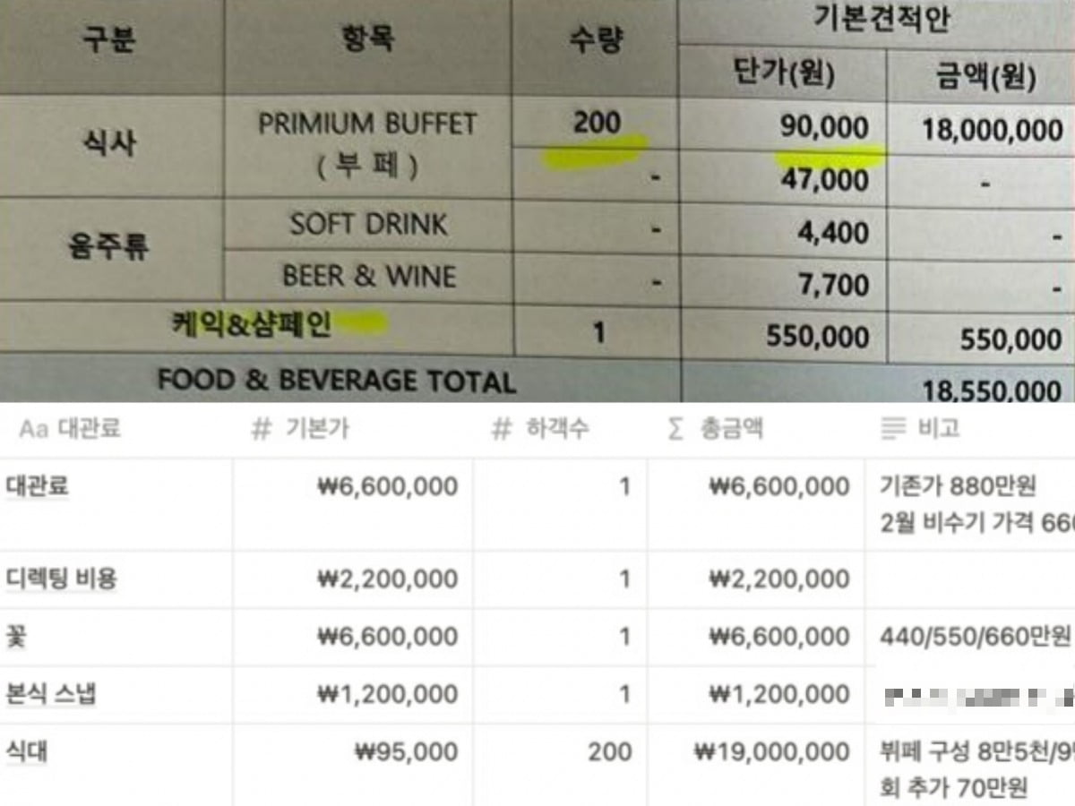 인기 카지노 바카라홀의 견적서 일부. 홀 투어 전 미리 가격을 파악하려면 온라인 커뮤니티 등을 활용해 어렵게 수소문해야 한다. 해당 견적서들은 일부이고, 여기에 꽃 장식비, 포토테이블, 대관료, 피아노 연주 등 10여개의 옵션이 따로 붙는다. 비용도 당연히 별도다. /사진=독자 제공