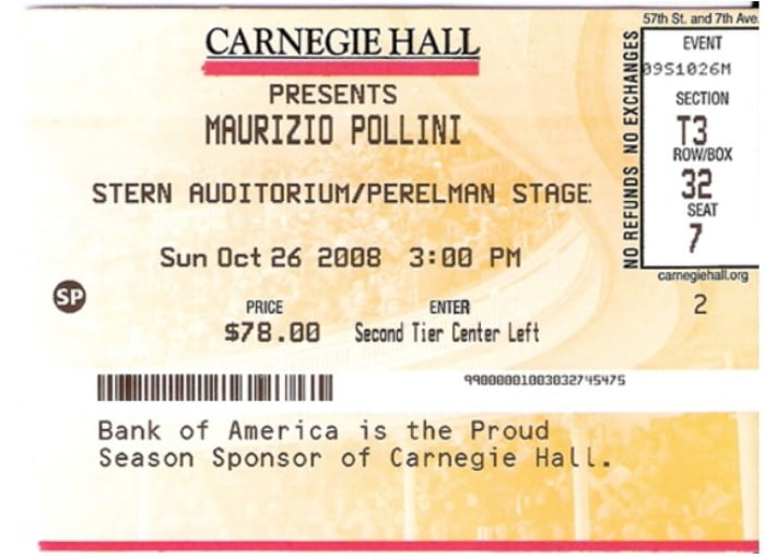 2008 Oct 26 (Sun) Carnegie Hall Pollini Recital 내 티켓 / 필자 제공 