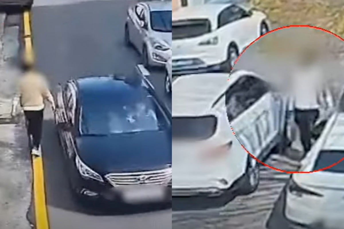 여성 운전자만 골라 차문쪽에 고의로 손목을 가져다 대고 있는 남성. /사진=경찰청 공식 유튜브 캡처