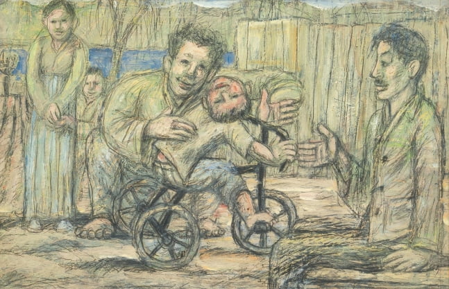 이중섭, 시인 구상의 가족, 1955, oil and pencil on paper, 32×49.5cm /케이옥션