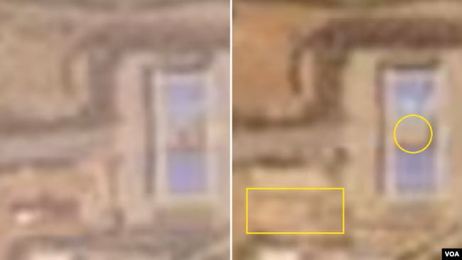 개성공단 남측 출입구를 촬영한 작년 4월(왼쪽)과 올해 4월(오른쪽) 위성사진을 비교한 사진. 건물(사각형 안)과 출입구 지붕 시설(원 안)이 사라졌다. /VOA, 플래닛랩스