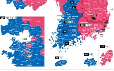 민주당, 서울 48곳 중 35곳 우세…국힘은 영남 대부분 가져가