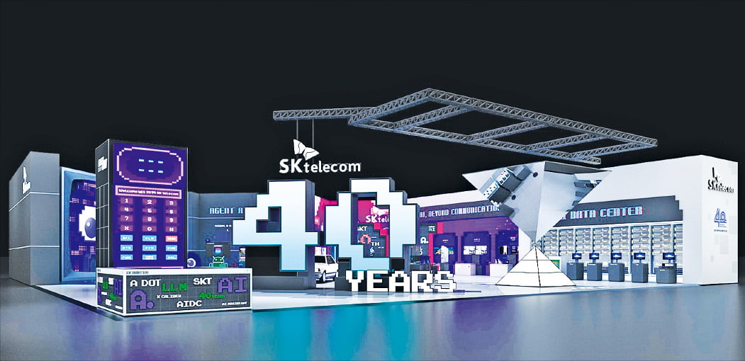 SK텔레콤이 국내 최대 정보통신기술(ICT) 전시회 ‘월드IT쇼 2024’에 꾸린 전시관 조감도. 전시 주제는 ‘인공지능(AI) 기반 커뮤니케이션의 진화’다.  SK텔레콤 제공 