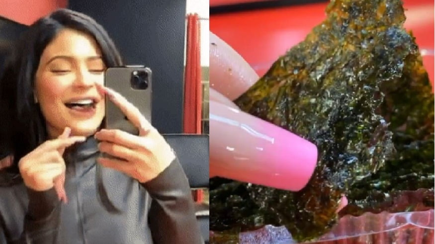 세계적으로 유명한 스타 카일리 제너가 개인 SNS 라이브 방송에서 '한국산 김'을 집어 먹는 모습./ 사진=카일리 제너 인스타그램