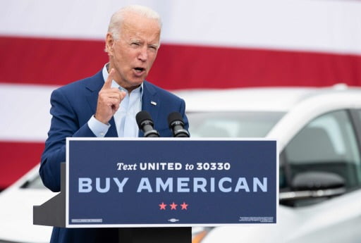 민주당 대선 후보 조 바이든이 2020년 9월 9일 미시간주 워런의 전미자동차노조(UAW) 본부에서 '바이 아메리카'를 슬로건으로 연설하고 있다. 사진=연합뉴스