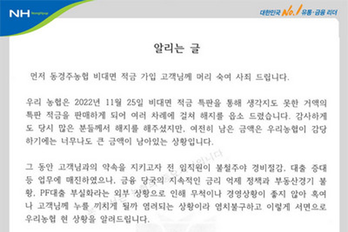 8.2% 적금 팔다 자금 몰려 곤경…동경주농협, 계약해지 또 읍소