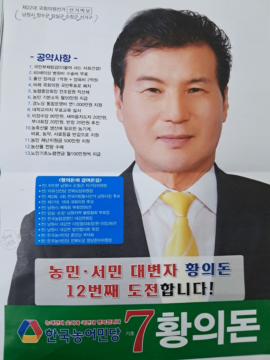 12전 12패…남원 황의돈 후보, 시장·지방의원·국회의원도 고배